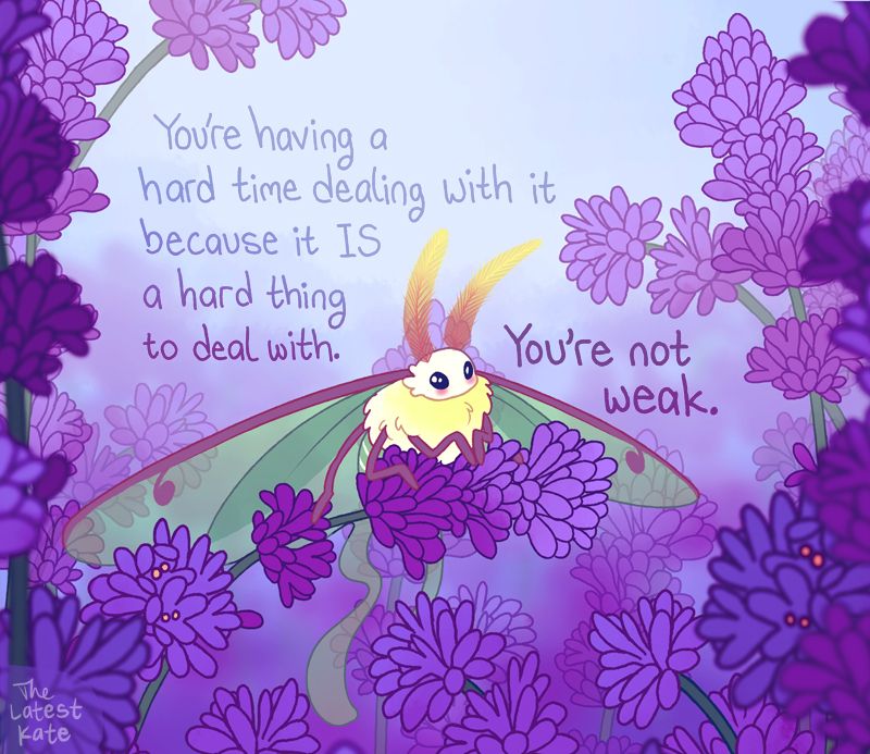 A drawing of a luna moth sitting on top of a lavender plant. The caption reads, "You're having a hard time dealing with it because it IS a hard thing to deal with. You're not weak."