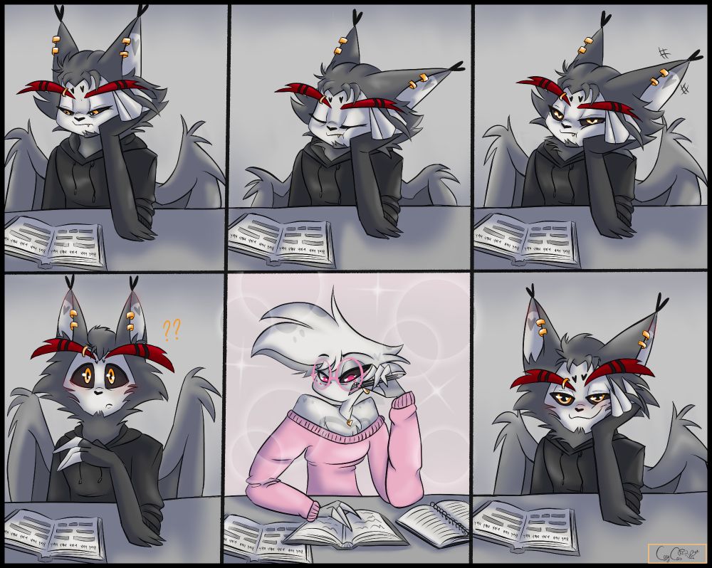 Panel 1: Husk is resting his head on his hand looking down at a text book
Panel 2: Husk doses off very bored 
Panel 3: Husk hears something. Ear twitches and he looks towards camera with same bored expression
Panel 4: Husk perks up with a small blush as he looks at Angel in next panel
Panel 5: Angel is looking down at several books chewing on the end of a pencil with soft pink lighting.
Panel 6: Husk rests his head on his hand again as he dreamily looks at Angel. 