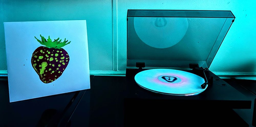 cover of blonde redhead's sit down for dinner featuring a strawberry on jacket to the let, vinyl in pink splatter on white spinning on turntable to the right.