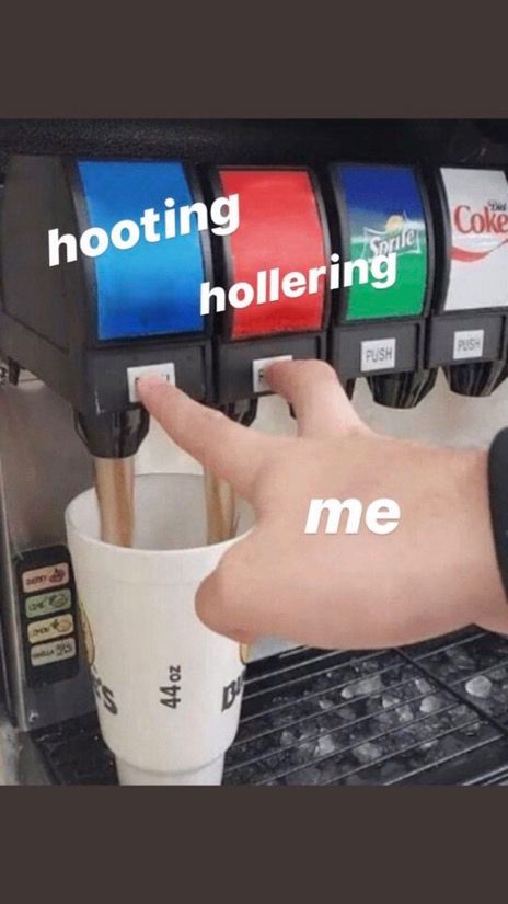 two soda fountain flavors labeled “hooting” and “hollering” are being pushed by a hand labeled “me” 