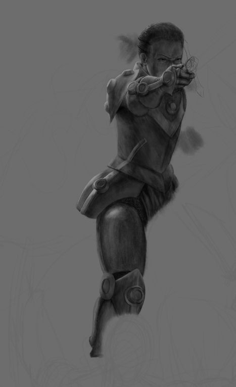 A black-and-white work-in-progress image of a woman clad in armor and pointing a sword forward