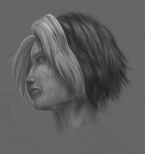 B&W sketch of a woman in profile with dark, messy hair with two white streaks in front