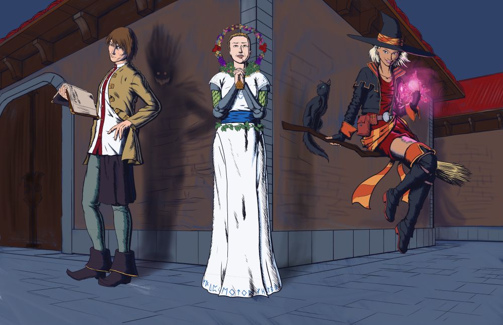 Three non-fantasy characters drawn to resemble heroic fantasy characters. Light Yagami from Death Note is dressed in the clothes of a well-to-do commoner or perhaps lesser noble, with the same broad color scheme as his anime counterpart. He holds a book and his shadow behind him vaguely takes the shape of Ryuk, implying he's a Warlock in D&D terms. Dani Ardor from Midsommar wears the vestments of the religious order from the movie, with scale armor underneath it and forming sleeves, and a bouquet of flowers forming a halo, making her a member of the Cleric classs. Sabrina Spellman is shown as a D&D Sorcerer (or perhaps Pathfinder Witch), riding a flying broom with her cat Salem perched next to her. She's wearing  a red dress pared with a black-and-orange hat, jacket, gloves, and thigh-boots set.