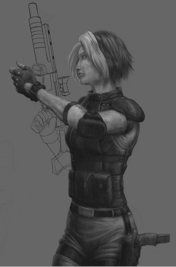 A WIP black-and-white drawing resembling charcoal of the GI Joe character Helix, loading an M4 combat rifle. The rifle and her right arm are just outlines and have not yet been shaded