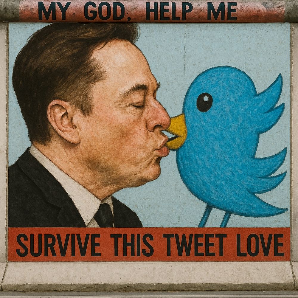 A chatgpt generated take on the iconic kiss on the Berlin wall. But with Elon Musk kissing the Twitter blue bird. The text reads "My God, help me survive this tweet love"
