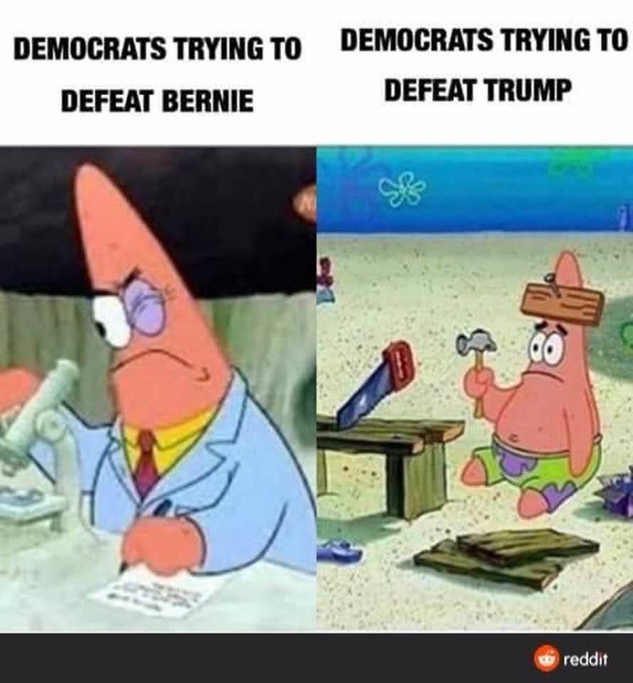 Cartoon stills from SpongeBob comparing Dem efforts against Bernie vs Dem efforts against Trump.
