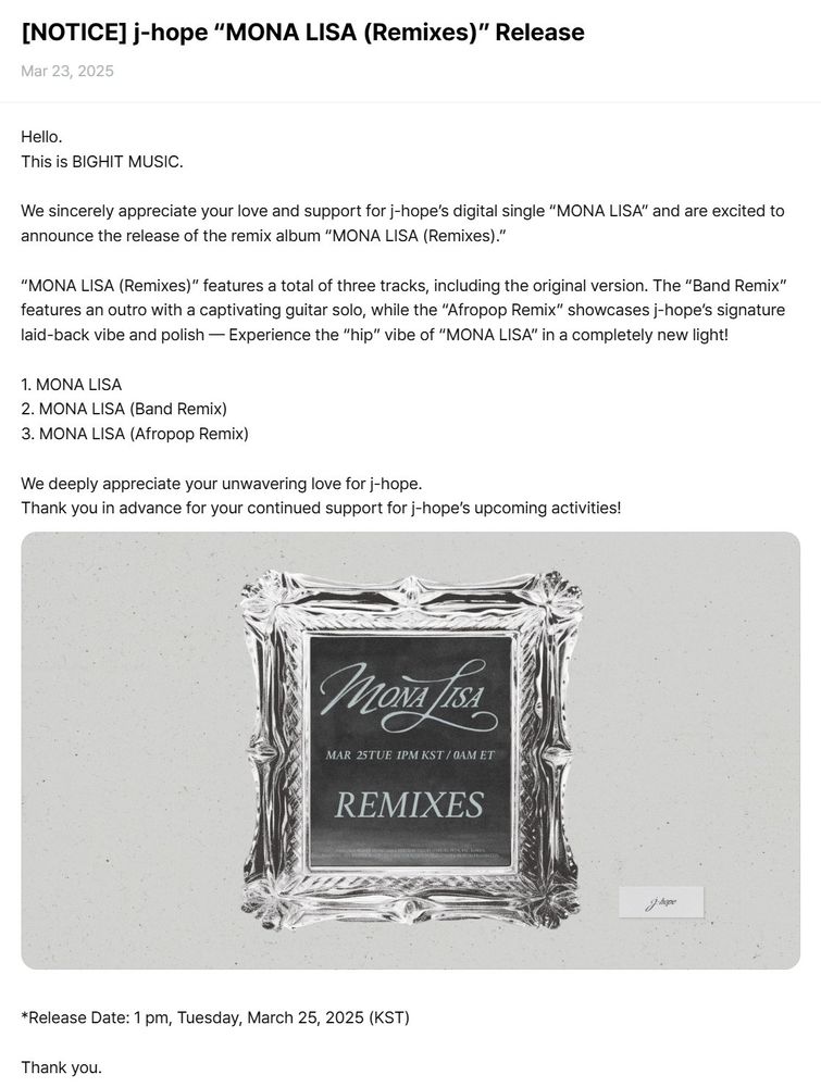 An announcement of Mona Lisa Remixes coming out. 