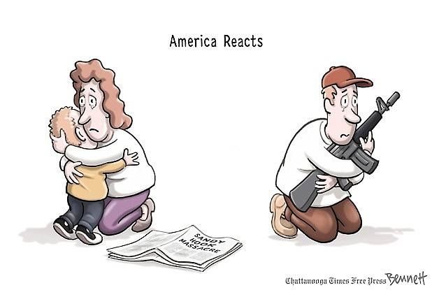 Political cartoon by Clay Bennet is captioned America Reacts. There are two separate images - one of a mother crying and clutching a child next to a newspaper with a mass shooting headline. The other image shows a man crying and clutching his gun. 