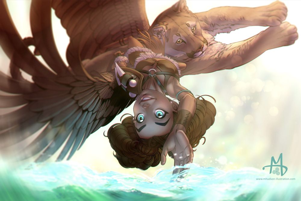 A blue-eyed cheerful native girl is leaning from the back of her giant winged cat to run her fingers through topical waters. Do not use for AI/machine learning.