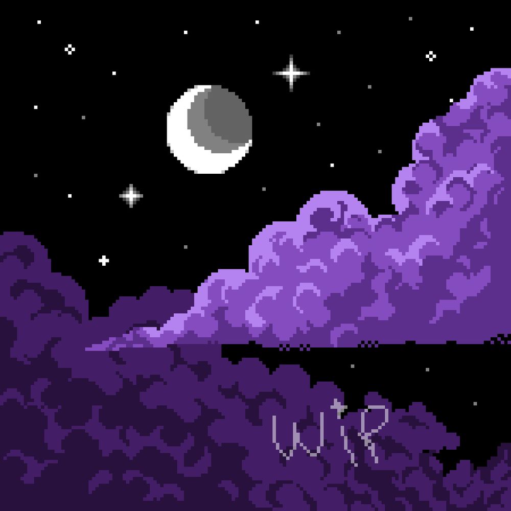a screenshot from the app pixquare of a work in progress pixel art piece, featuring a white half moon against the black night sky. the sky is filled with some stars. the sky is filled with clouds which are made of various shades of purple