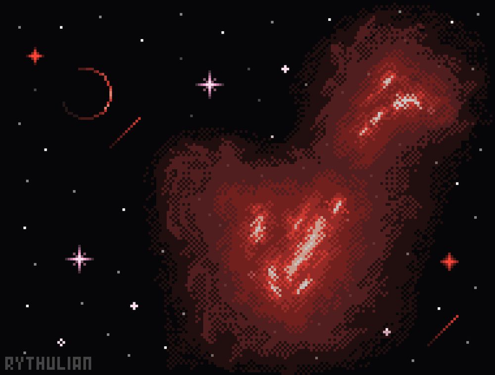 pixel art featuring a space scene. on the right, there is a huge nebula of different shades of red. there are lots of stars, which also come in different sizes, are bright red & white. the outline of a red planet is visible on the left, next to one of the two red shooting stars. the other shooting star is at the bottom right of the piece