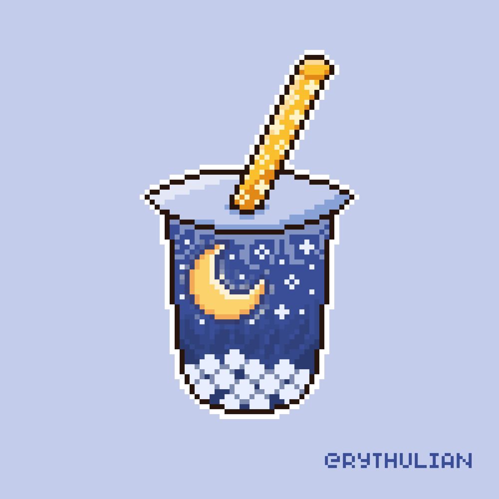 pixel art piece of boba/bubble tea. the liquid inside the boba is various shades of blue, while the boba pearls are blue-white. the straw is yellow and it has a star pattern on it. inside the boba there is also a yellow half moon and some stars