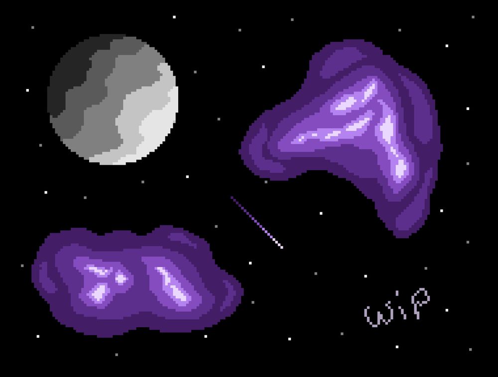 pixel art work in progress featuring a space scenery. two galaxies/nebulae of various shades of purple float against the blackness of space, while a greyscale planet is on the top left. there is also a shooting star passing through in the middle