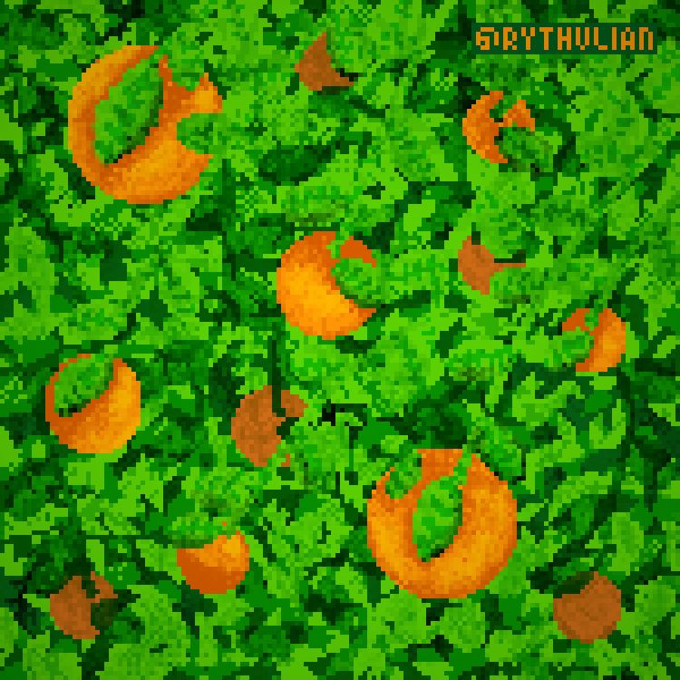 a pixel art piece of an orange tree framed from close-up. the oranges are different sizes, some in front and some at the back. the leaves are also different sizes and different shades of green, some of them covering the oranges, with many more in the background 