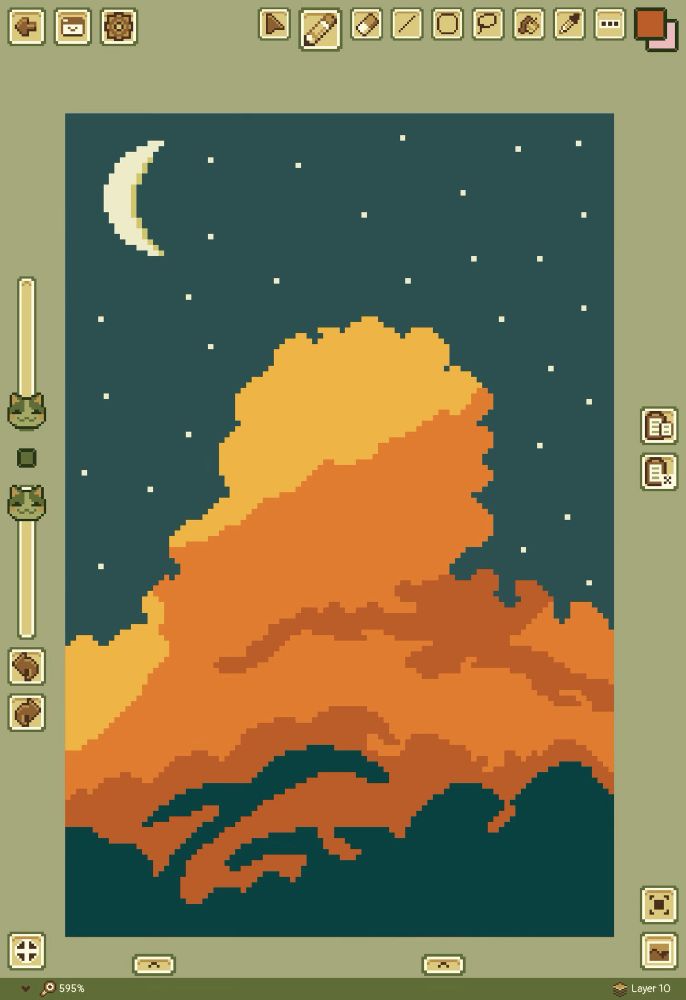 wip of a pixel art piece in pixquare, featuring an orange cloud against a night sky filled with stars & the moon