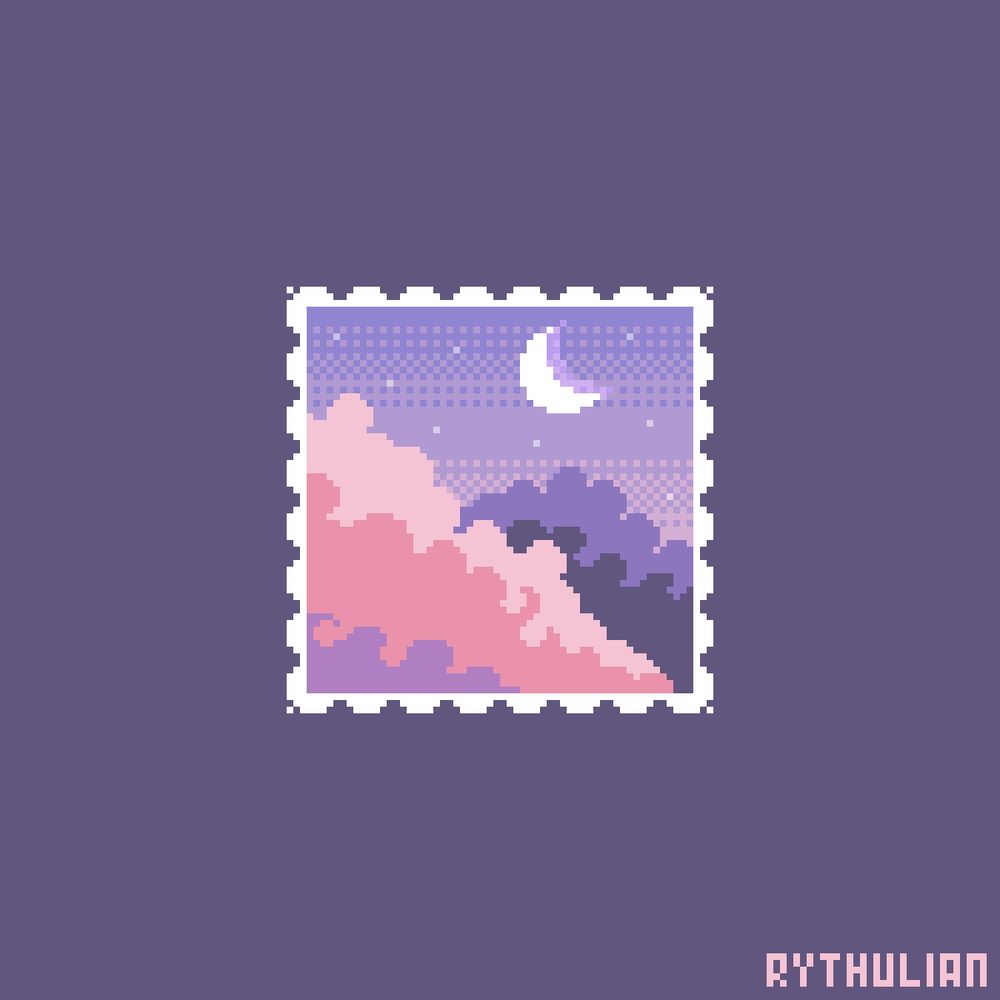 pixel art of a stamp featuring a cloudscape. the clouds are various shades of pink and purple. a white moon and some stars are visible in the lilac sky