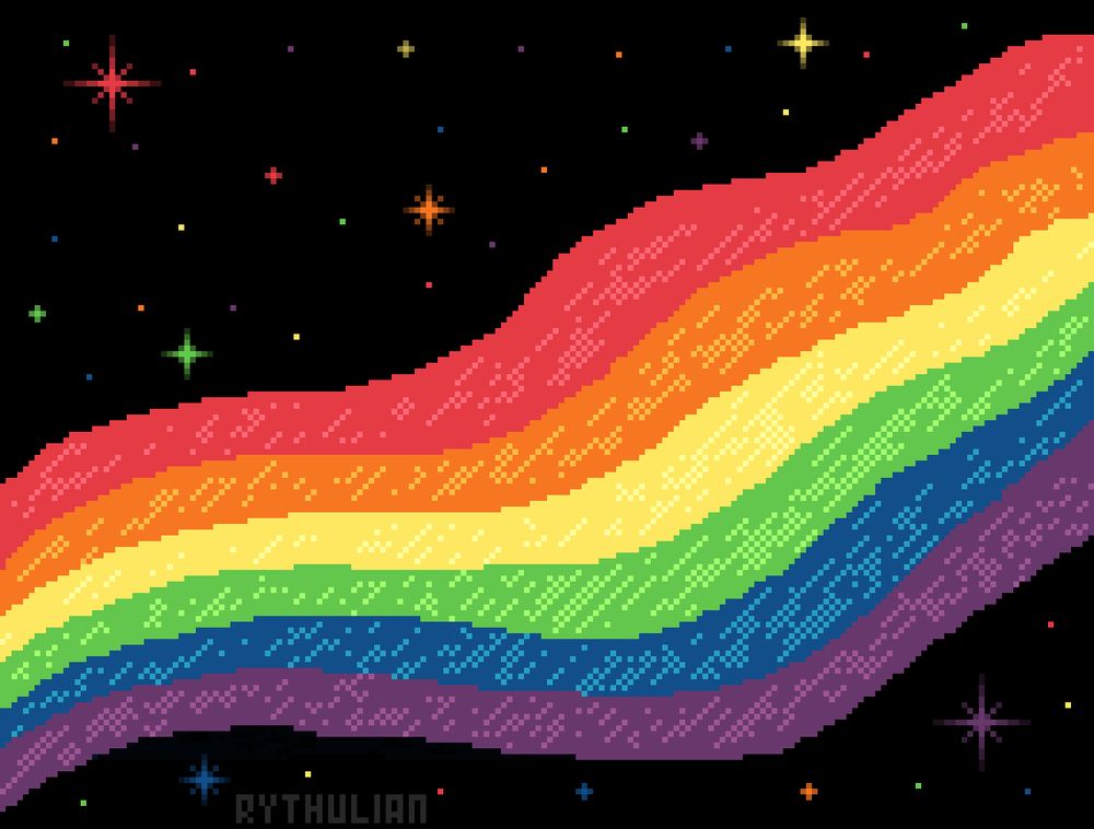pixel art featuring a rainbow/pride themed space piece. a nebula with the colours of the pride flag (red, orange, yellow, green, blue and purple) is against the backdrop of black outer space. it is surrounded by many colourful stars, each one a colour of the pride flag 🏳️‍🌈 