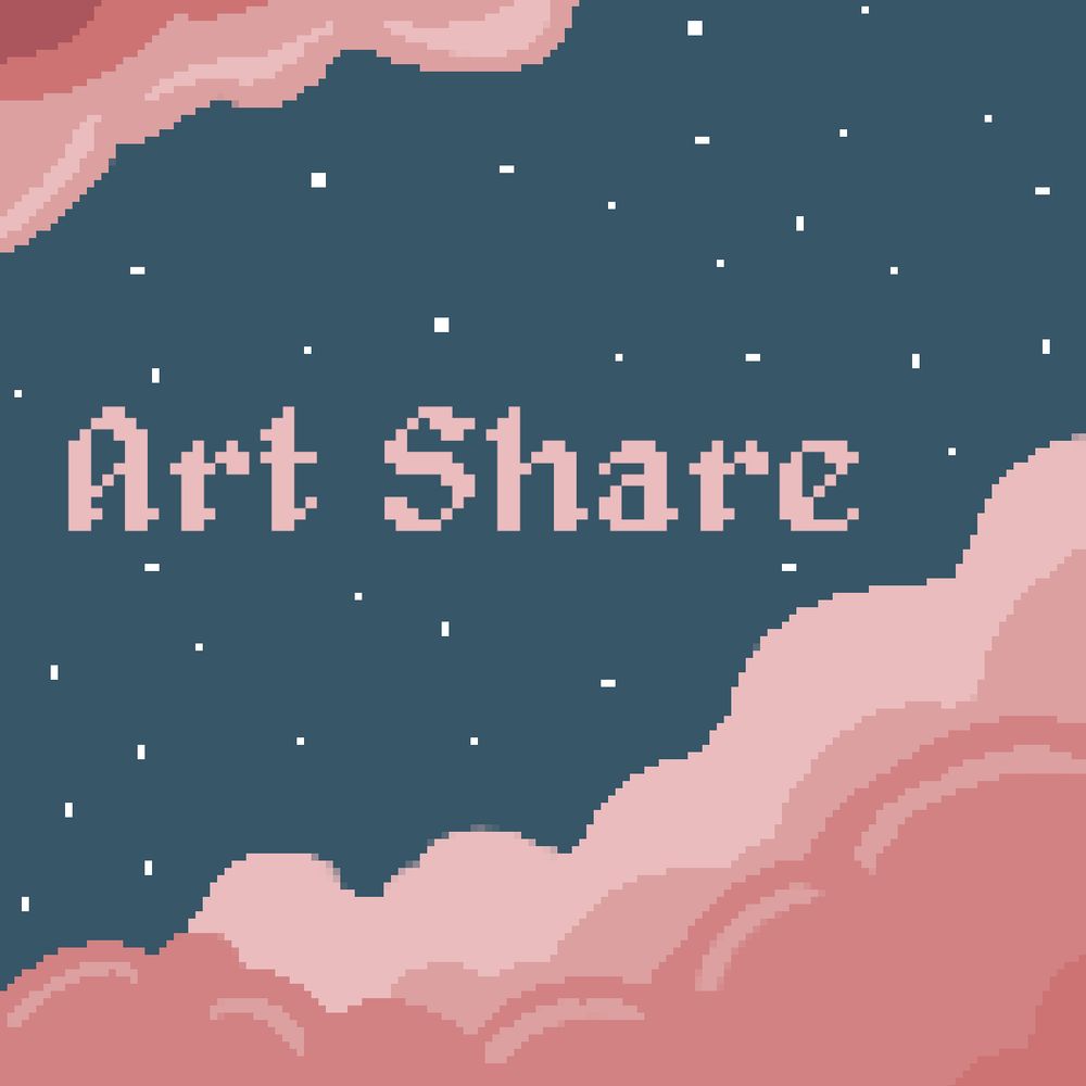 cropped pixel art featuring pink clouds against a night sky with lots of stars, with the words “art share” on it