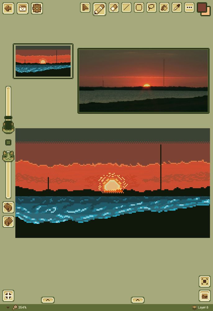 a screenshot of my latest pixel art work in progress from the app pixquare. it features a sunset scene with the sun setting on some hills behind a body of water. the sky’s colours are red and purple while the hills are silhouette black