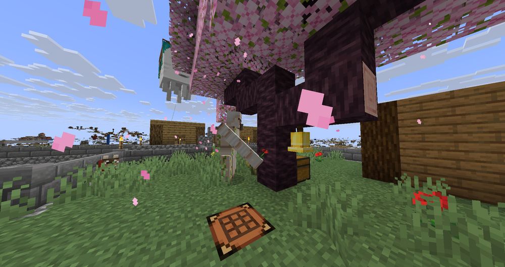 Iron Golem holding a rose towards a cherry tree. 