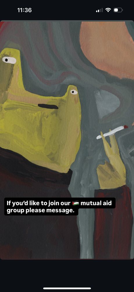 Green frog smoking with blue background and swirling smoke, 

If you'd like to join our Palestinian flag mutual aid group please message.