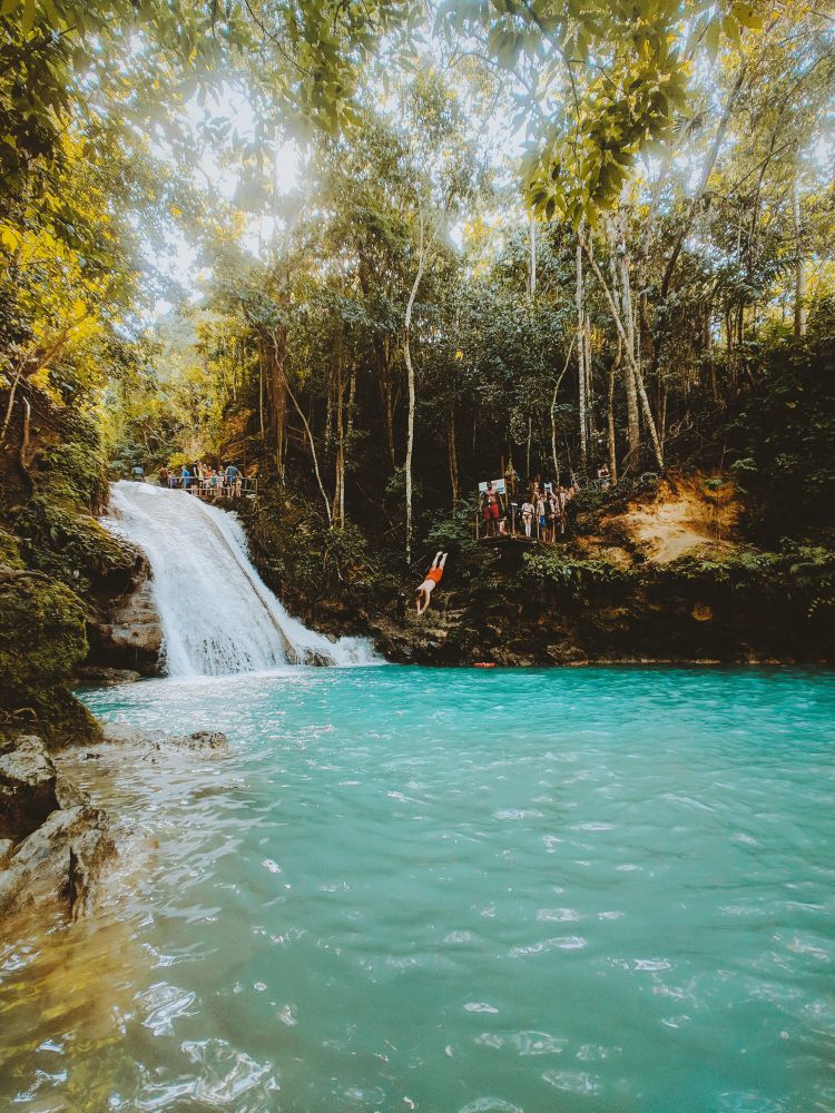 The Cool Blue Hole Ocho Rios Jamaica. A mineral pool with a waterfall and a swimmer diving in. 