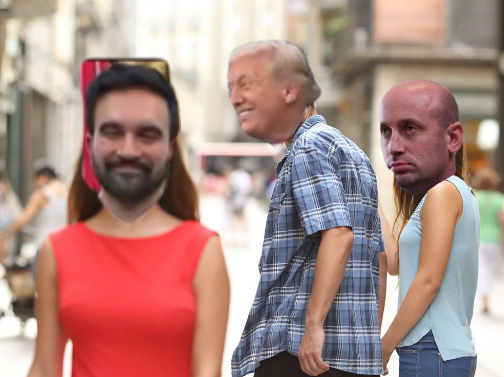 Meme of trump looking over his shoulder approvingly at mamdani while stephen miller looks on at him angrily 