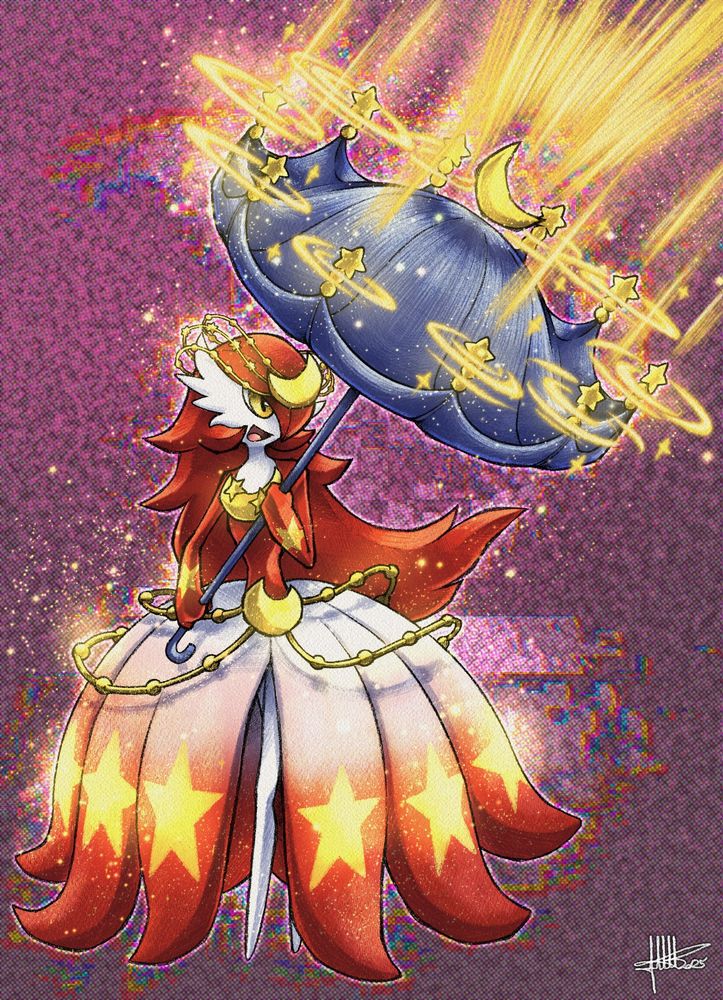 A Pokémon-sona of a Mega Gardevoir, named Atlas, holding a starry-umbrella that glows and emits multiple beams through its joints. It's smiling and walking by with a plain, faint pink background - it has white, and red hues on its design along with a long red hair. Stars, crescent moon and golden jewelry are above their head and by their dress.