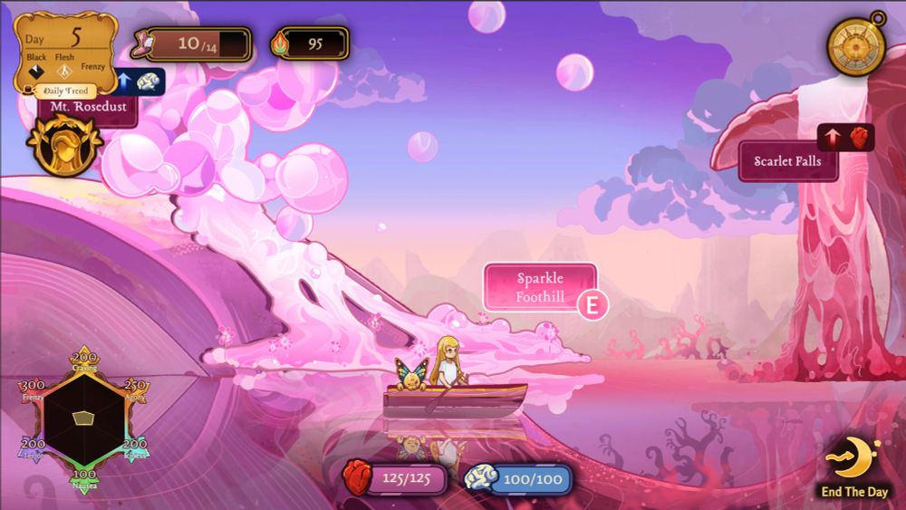 A screenshot from the game Dance of Theseus by Citreat Studio. There's a blong girl and a fairy on a canoe. They're floating on pink eater, and there's a waterfall and a foothill in the background. Everything is pink/purple themed.