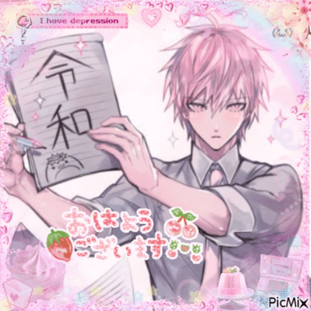 a man with pink hair is holding a piece of paper with chinese writing on it