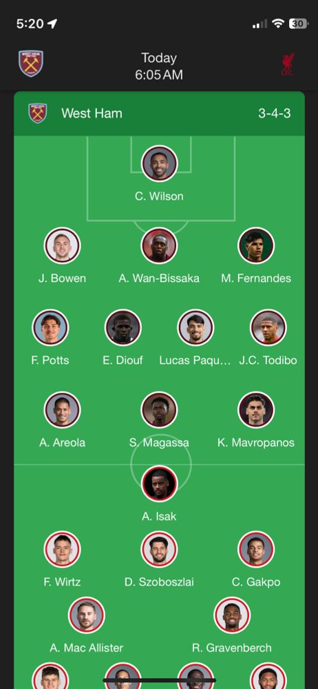 Wrong placement of West Ham players on match lineup from Google 