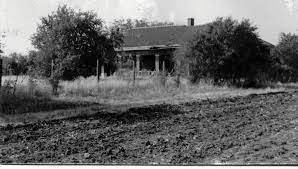 Black and white pic of a ramshackle old home that is overgrown by bushes and trees. It was the old Sharp manor house. 