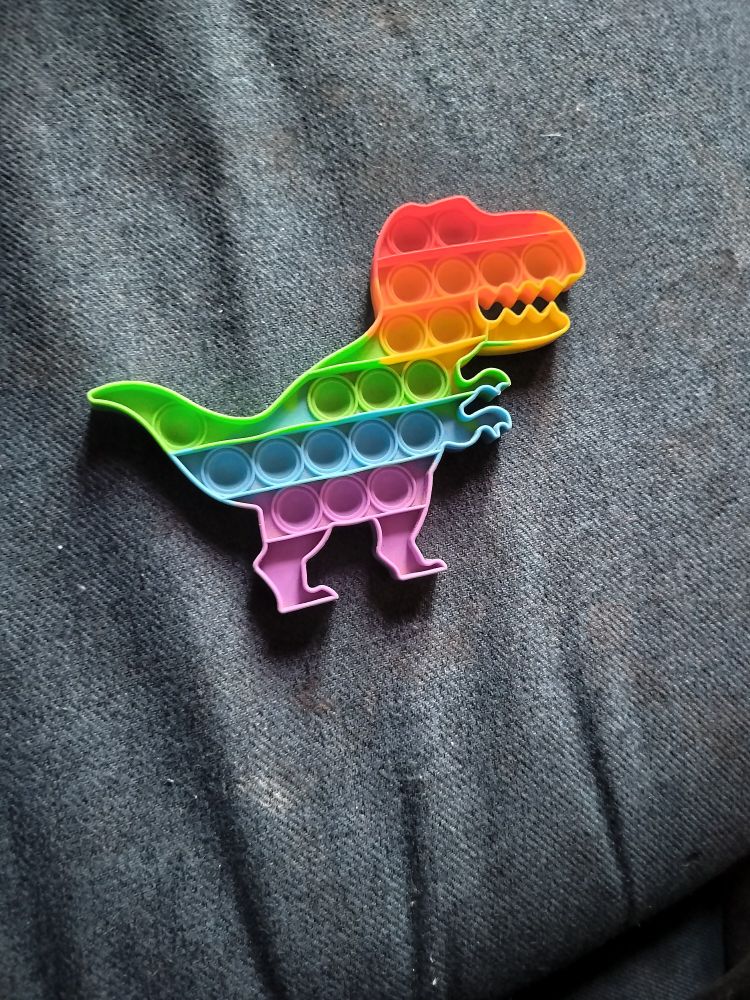 A relaxation toy. It's in the shape of a t-rex. It's coloured in rainbow colours