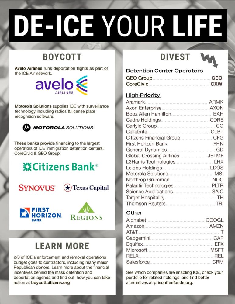 DE-ICE
YOUR
LIFE
BOYCOTT
DIVEST
Avelo Airlines runs deportation flights as part of
the ICE Air network.
avelo
AIRLINES
Detention Center Operators
GEO Group
E
CoreCivic
E
GEO
CXW
High-Priority
Aramark
Axon Enterprise
Booz Allen Hamilton
Cadre Holdings
Carlyle Group
Cellebrite.
Citizens Financial Group
First Horizon Bank
General Dynamics
Global Crossing Airlines
L3Harris Technologies
Leidos Holdings
Motorola Solutions.
Northrop Grumman
Palantir Technologies
Science Applications.............
Target Hospitality.
Thomson Reuters
Other
Alphabet
BR.......
Amazon
AT&T.
Capgemini
...
.........
Equifax.
Microsoft.
RELX.
Salesforce.
Motorola Solutions supplies ICE with surveillance
technology including radios & license plate
recognition software.
ARMK
AXON
BAH
CDRE
CG
CLBT
CFG
FHN
GD
JETMF
LHX
LDOS
MSI
NOC
PLTR
SAIC
TH
TRI
MOTOROLA SOLUTIONS
These banks provide financing to the largest
operators of ICE immigration detention centers,
CoreCivic & GEO Group:
XX Citizens Bank
SYNOVUS
Texas Capital
FIRST
HORIZON.
BANK
REGIONS
GOOGL
AMZN
T
CAP
EFX
MSFT
REL
CRM
LEARN MORE
2/3 of ICE's enforcement and removal operations
budget goes to contractors, including many major
Republican donors. Learn more about the financial
incentives behind the mass detention and
deportation agenda and find out hnow you can take
action at boycottcitizens.org
See which companies are enabling ICE, check your
portfolio for related holdings, and find better
alternatives at prisonfreefunds.org.