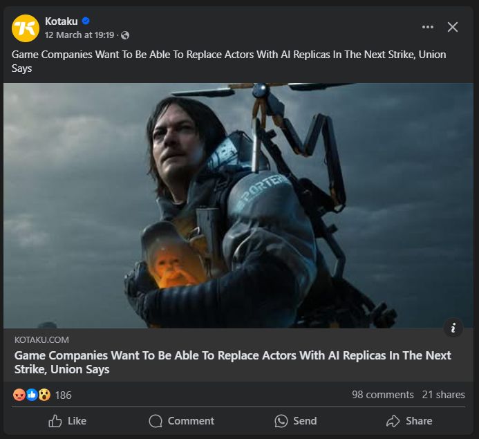 Screenshot of Kotaku news article about the upsurge of AI.