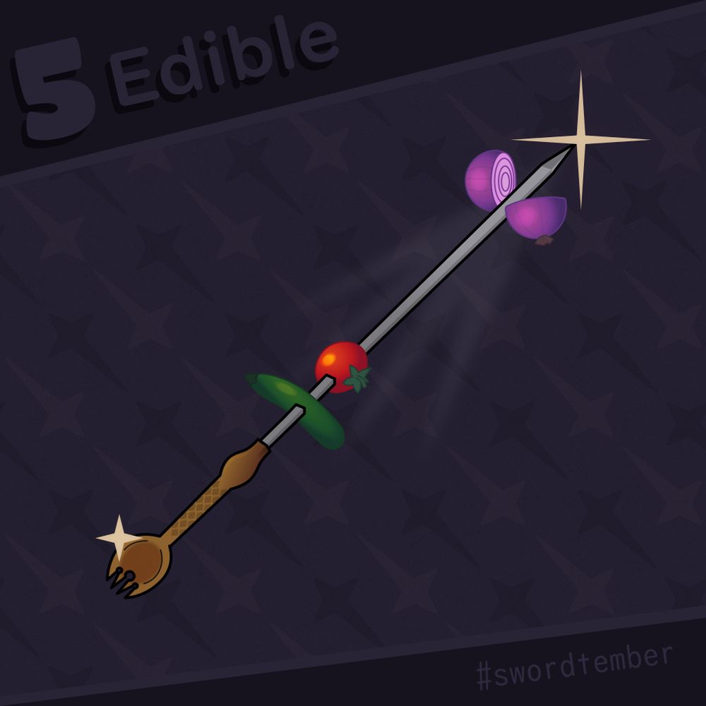 A long skewer blade with a golden spork hilt. Piercing a full-sized cucumber, tomato, and red onion.