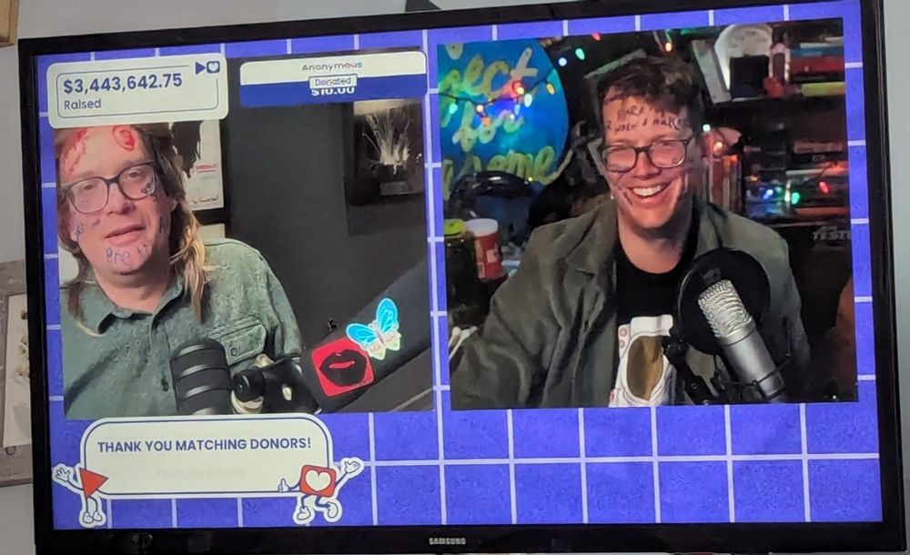 And image showing a Livestream of brother's John and Hank Green, both with names written all over their faces in sharpie.