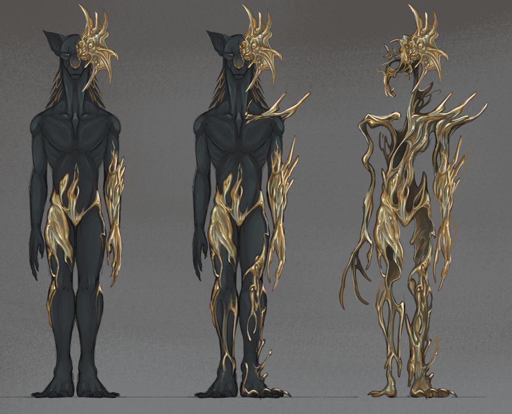 ref sheet of a creature design. Last one showing the body slowly disappearing, only for the gold to remain. The host slowly looses movement capacity, their voice, sight, hearing.