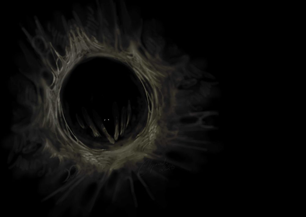 Illustration of a small spider in a hole.