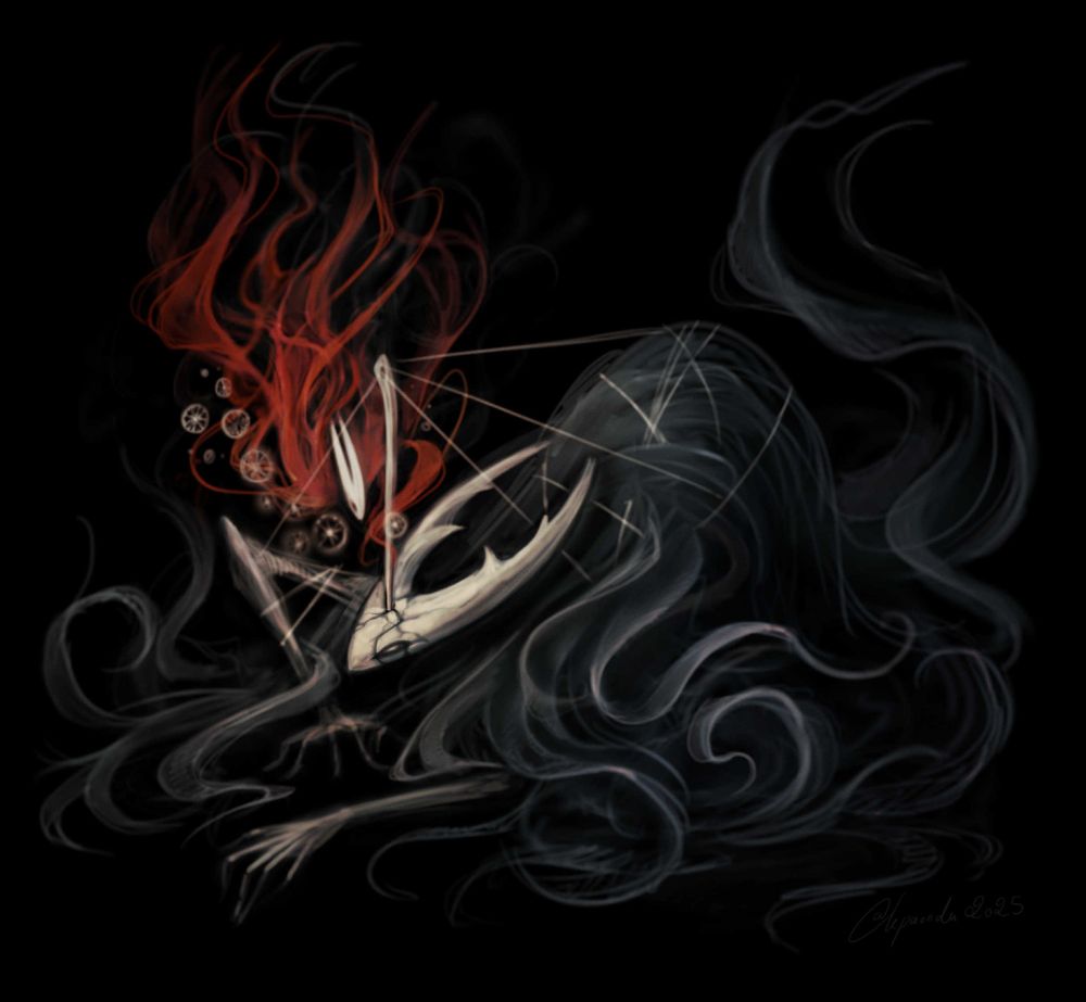 The hollow knight is getting pinned down by hornet and her needle.
The Hollow knight has a thin white face with two long horns and wears a dark cloak. Hornet also has a thin white head with two long horns and wears a red cloak. She has a large needle that is piercing the Knight's head.