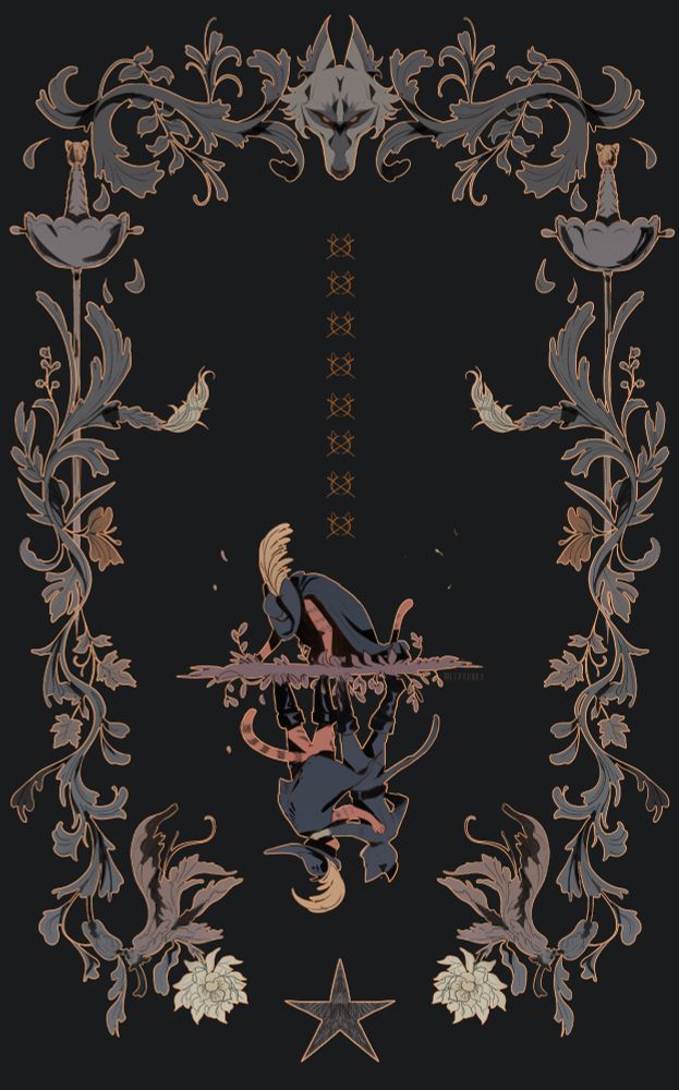 Digital illustration of Puss and boots : the last wish. I design this piece as a poster, in the center we can see Boots on his knees, looking down desperately. Under the floor line, is him with Kitty Softpaws walking together peacfully. 
All around is an ornament made of flowers and plant, on each sides is the Boots's sword. Right at the top, in the middle, is the face of Death and right under it is the 8 lives that boots has already lived. Finally on the bottom the wish star can be seen.