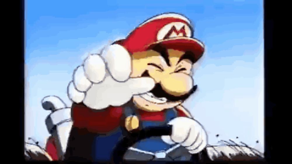 a cartoon of mario holding a steering wheel and smiling