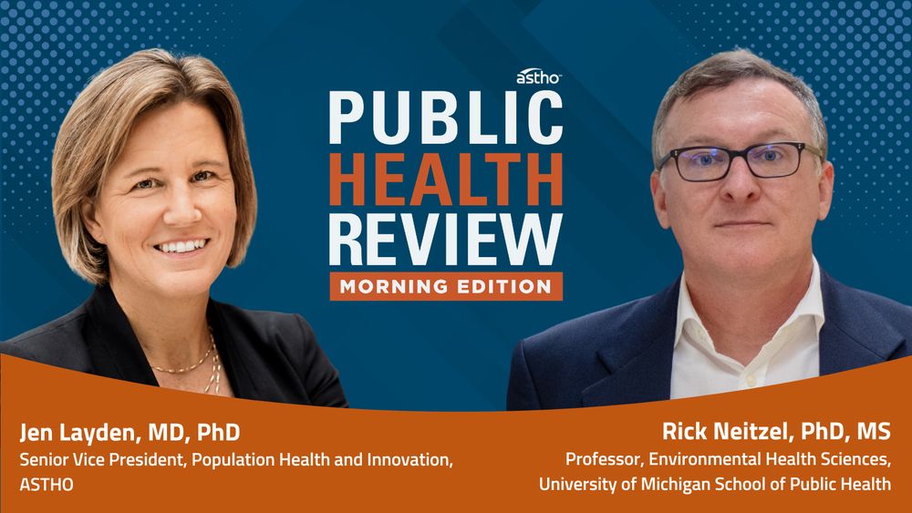 Orange and blue promotional banner for ASTHO's Public Health Review, Morning Edition newscast.