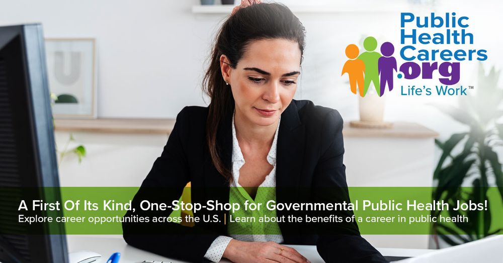 A person is focused on a computer in an office setting, with an advertisement for Public Health Careers dot org, describing it as a one-stop-shop for governmental public health jobs in the U.S.