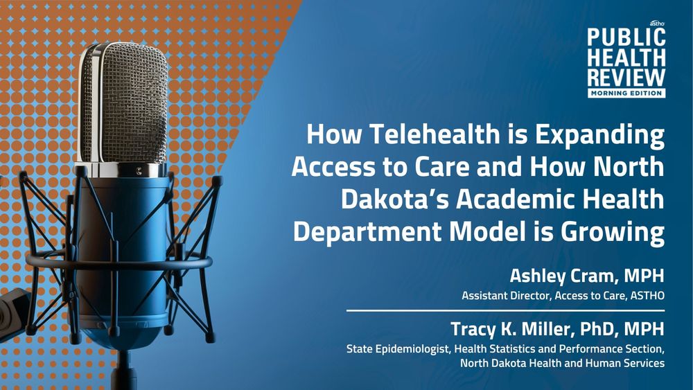 Banner for ASTHO's daily podcast, Public Health Review Morning Edition with show title and guests' names.