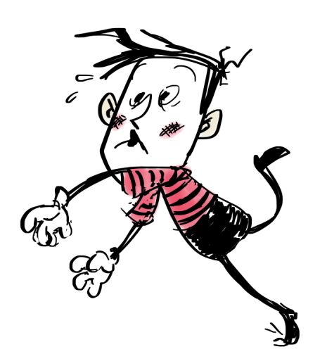 Fanart of Wes from Don't Starve where he's about to fall because he tripped on a rock. His face is nervous and frowning, a few sweat drops falling away from his forehead. His arms are swinging for balance.