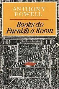 Book cover. Black with stylised white line drawn armchair in front of stylised books on shelf, ditto. Red book on armchair. Cane with death’s head (right) leaning from seat to armrest. Text (white and black on yellow ground) Anthony Powell / Books do Furnish a Room