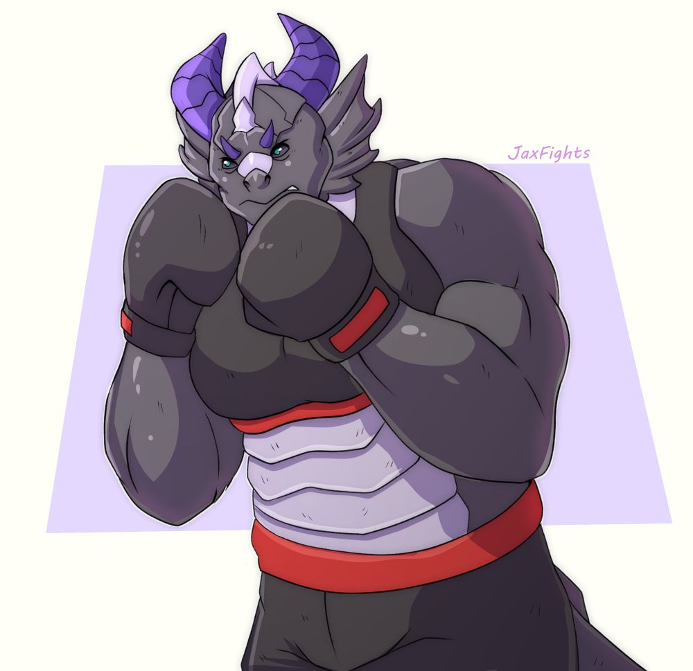 An anthropomorphic female black dragon wearing black boxing gear with red trim. Her gloves are raised to face level and her mouth is slightly parted in focused anger.