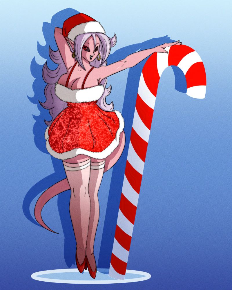 Android 21 dressed up in a skimpy Santa dress, standing with a Candy Cane against a cool blue backdrop.