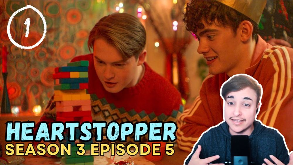 Nick and Charlie from season 3, episode 5 of Heartstopper looking at a colorful Jenga tower with Thom superimposed in front. Text: "Heartstopper Season 3 Episode 5 - 1"